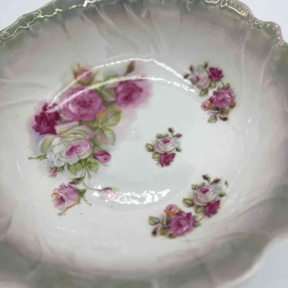 Vtg German‎ Lusterware Porcelain Serving Bowl Floral Cabbage Rose Grannycore 9